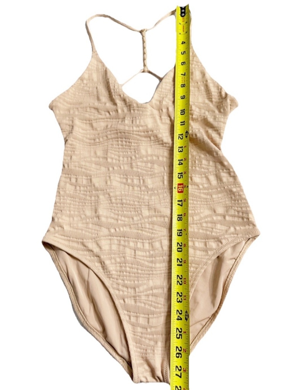 Aerie Beige Textured One Piece Swimsuit Open Back Beaded Strap M - Picture 7 of 10